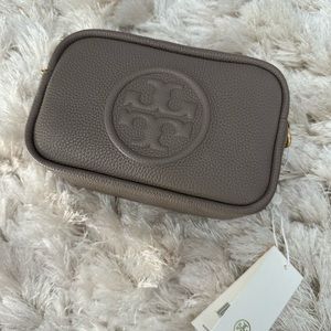 Tory Burch Perry BOMBE Mini Camera Bag Grey Heron crossbody NWT